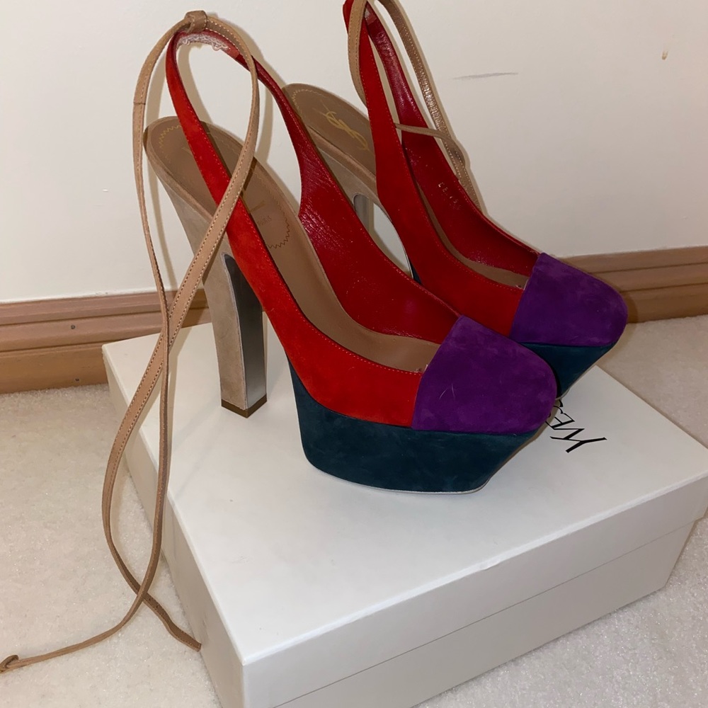YSL Suede Colorblock Pattern Slingback Pumps - Picture 2 of 8